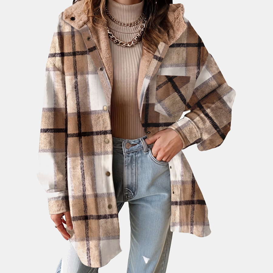 Women's Flannel Hooded Check Shacket Fleece Lined Coat