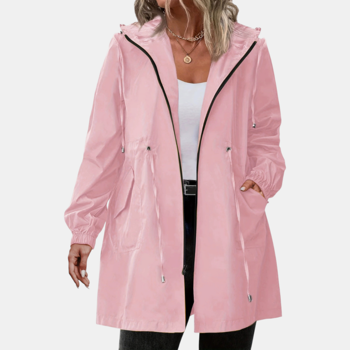 Women's Windbreaker with Drawstring at the Waist, Hood, Long Jacket