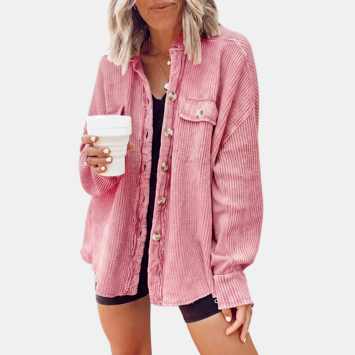 Women's Waffle Knit Raw Hem Button-Front Oversized Shacket