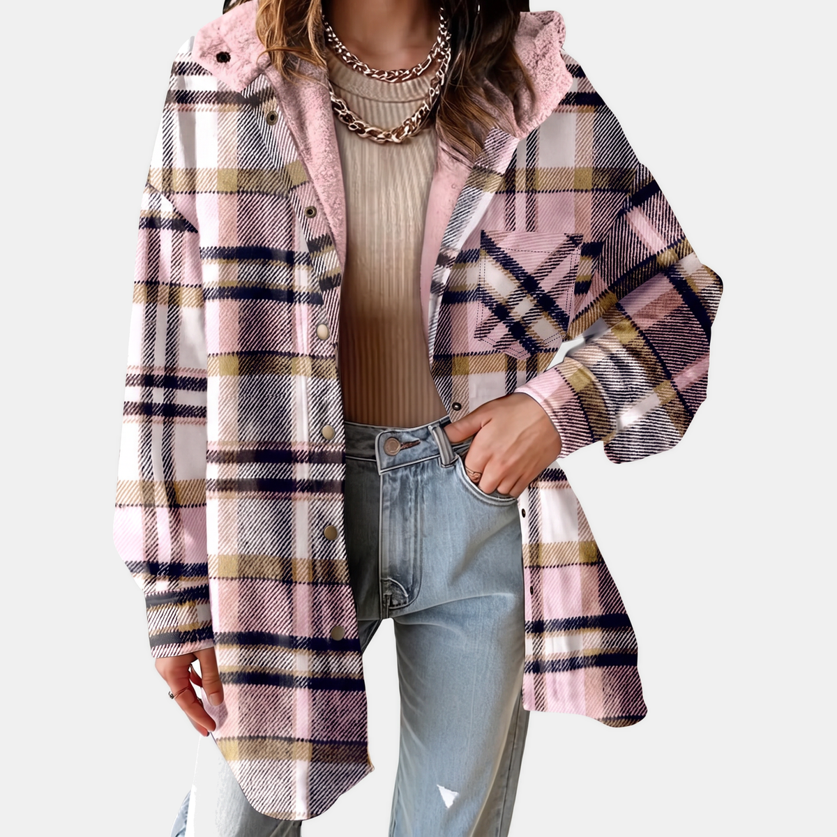 Women's Flannel Hooded Check Shacket Fleece Lined Coat