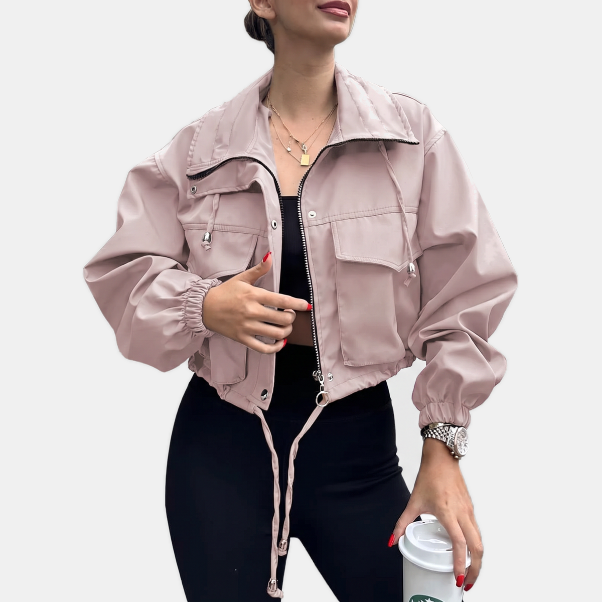 Women's Cropped Zip-Up Cargo Windbreaker Jacket