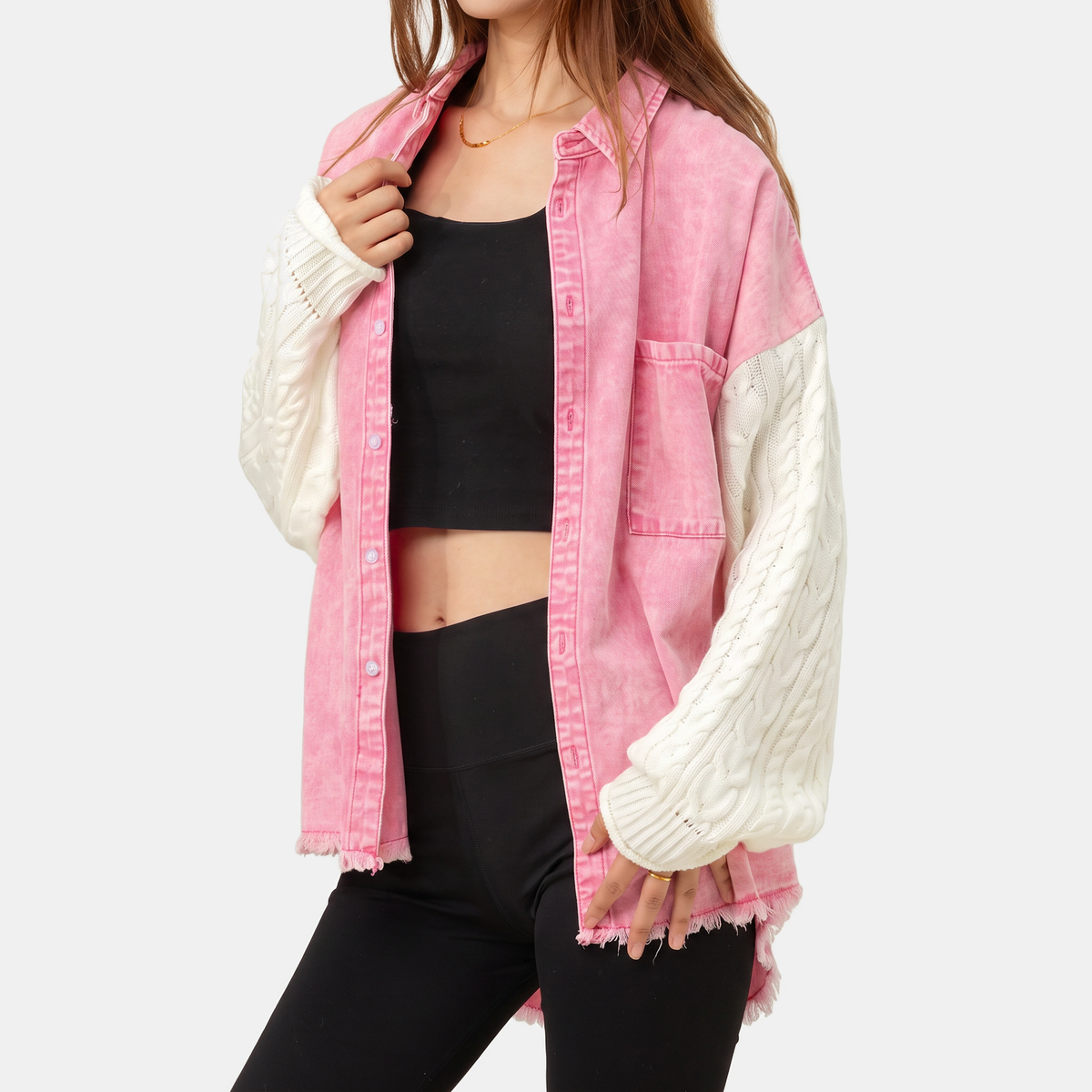 Women's Denim Jacket with Cable Knit Insert and Button Placket, Raw Hem