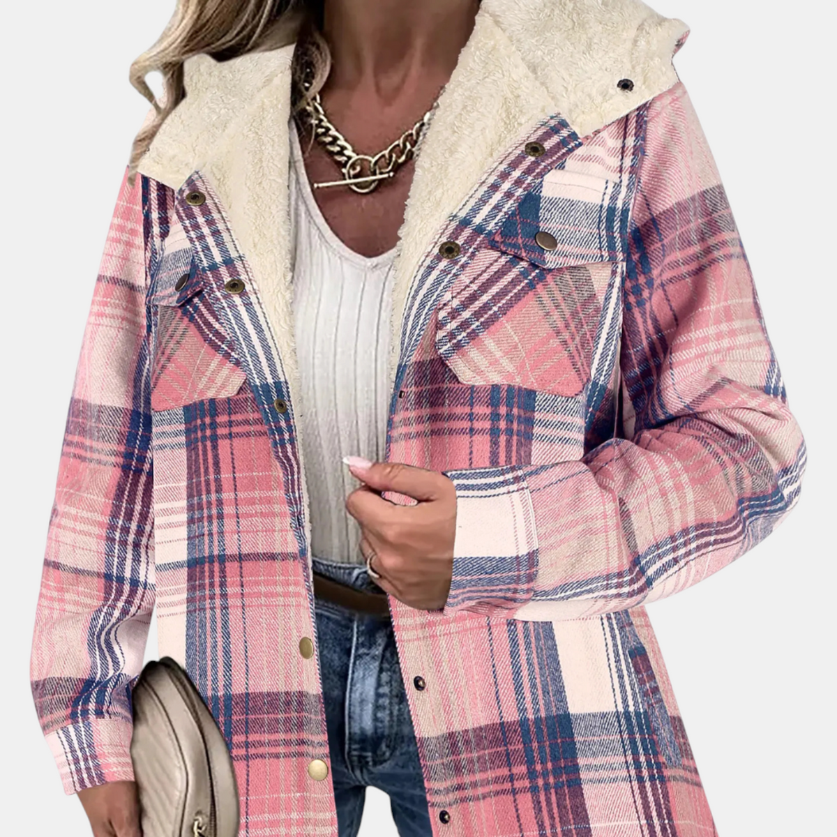 Women's Plush Hooded Checkered Flannel Snap Button Shacket