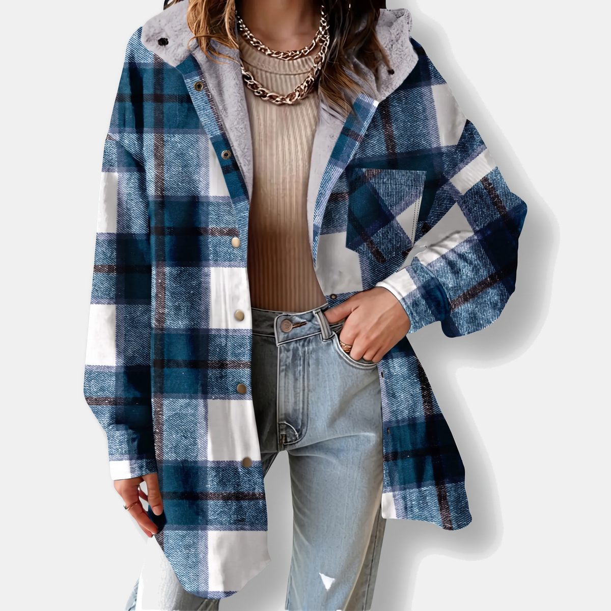 Women's Flannel Hooded Check Shacket Fleece Lined Coat