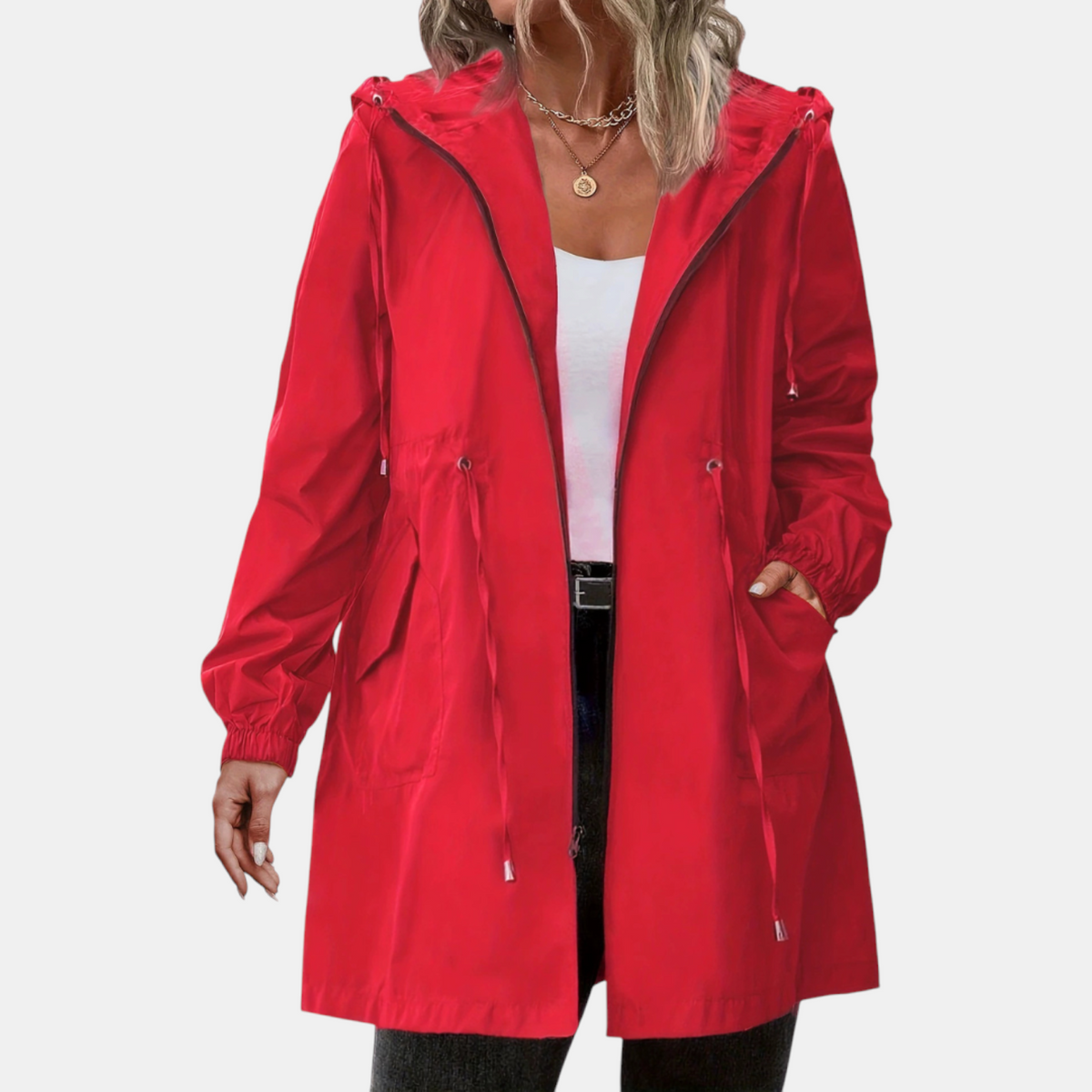 Women's Windbreaker with Drawstring at the Waist, Hood, Long Jacket