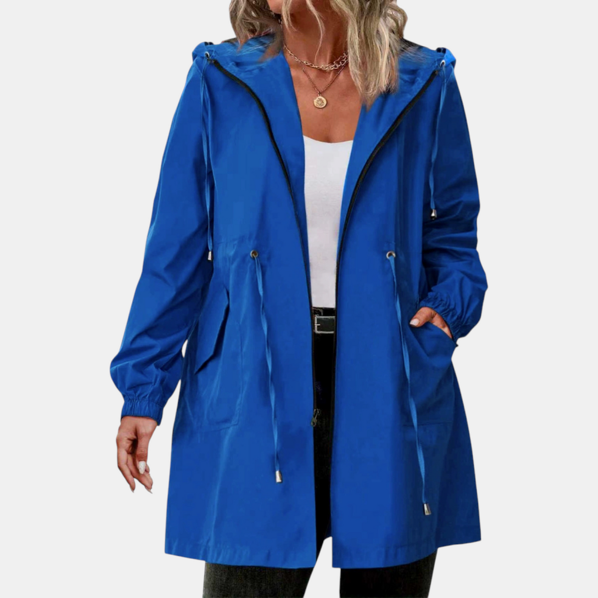 Women's Windbreaker with Drawstring at the Waist, Hood, Long Jacket