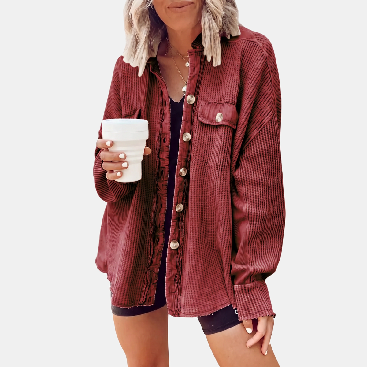 Women's Waffle Knit Raw Hem Button-Front Oversized Shacket