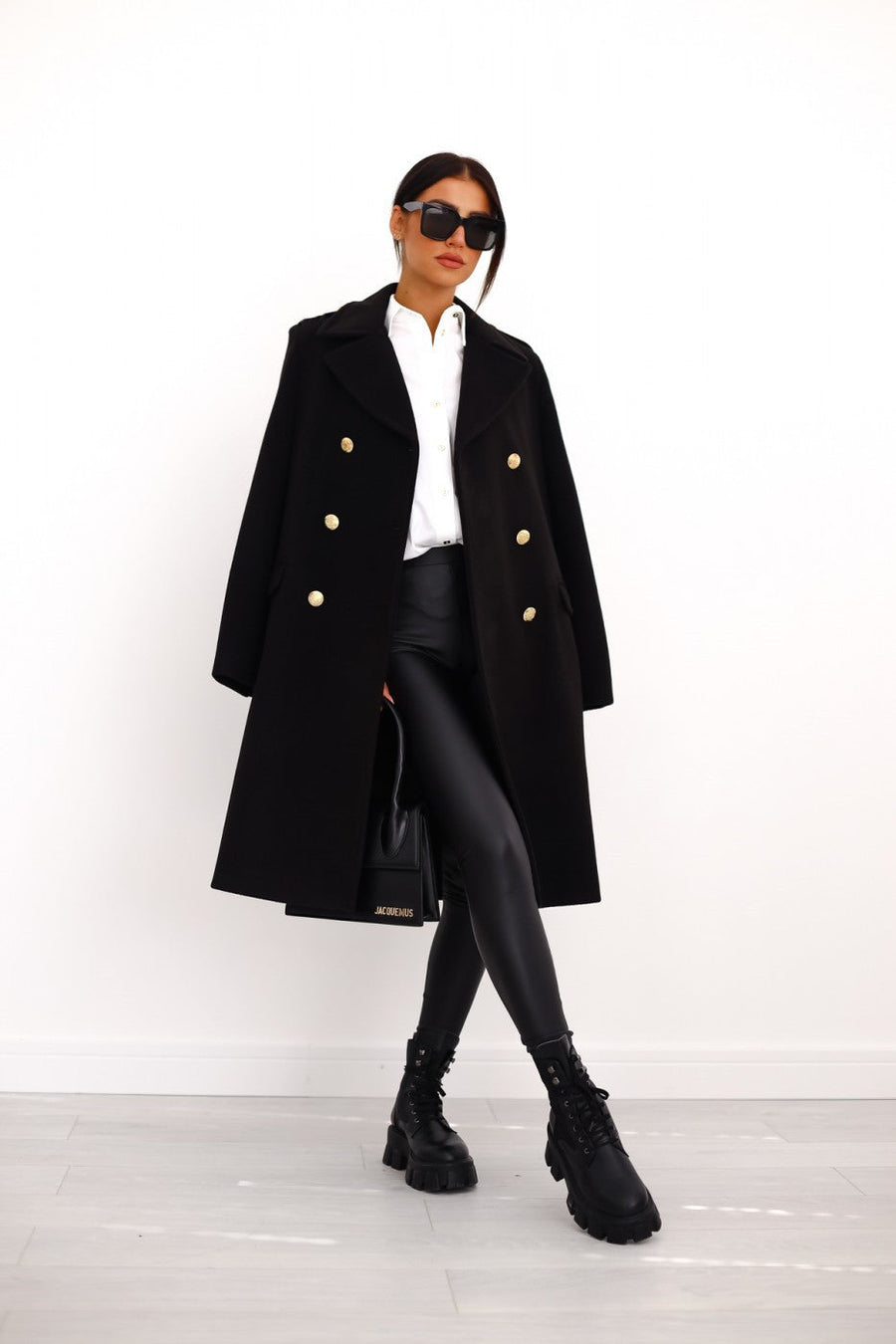 Women's Double-Breasted Wool Coat Gold Button Detail