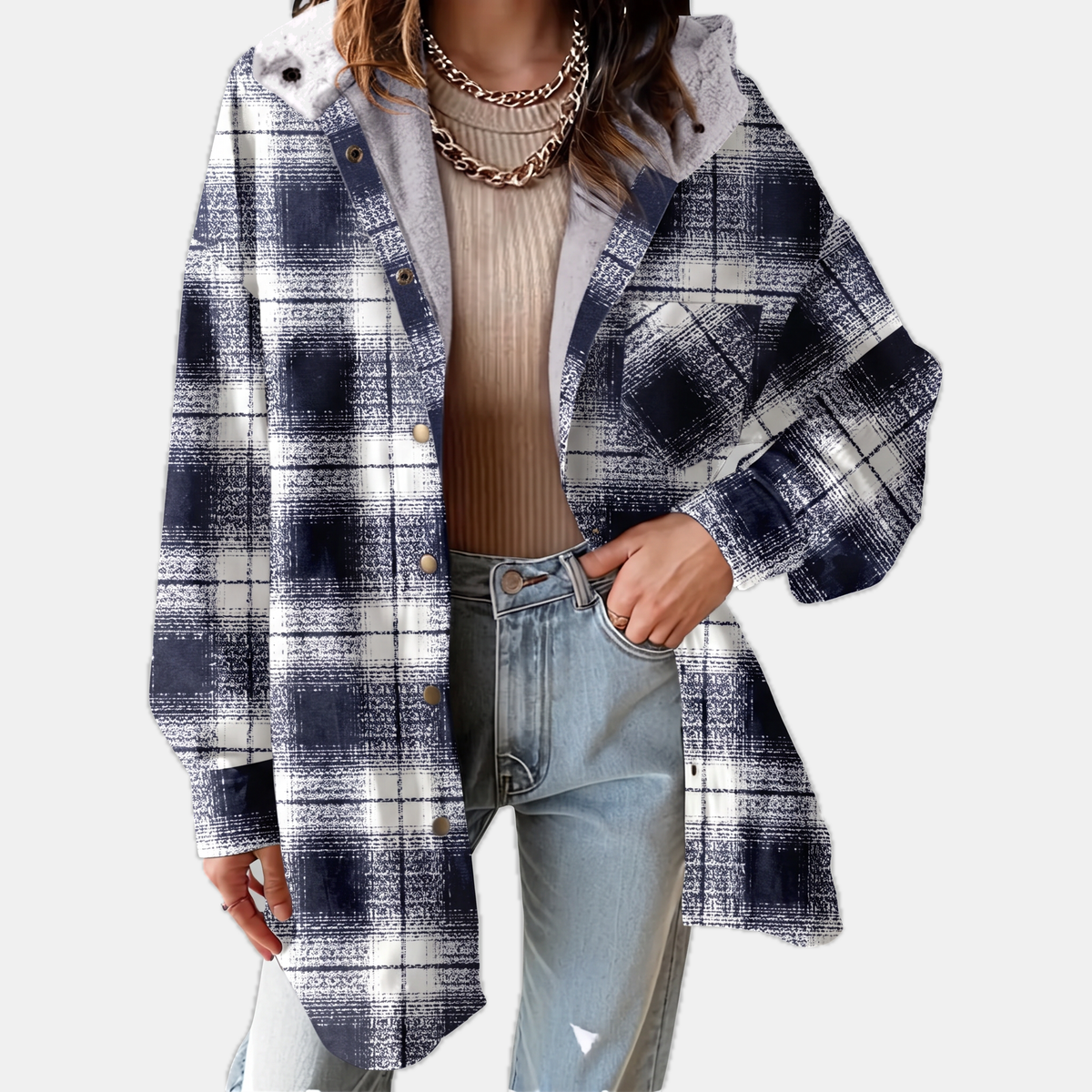 Women's Flannel Hooded Check Shacket Fleece Lined Coat