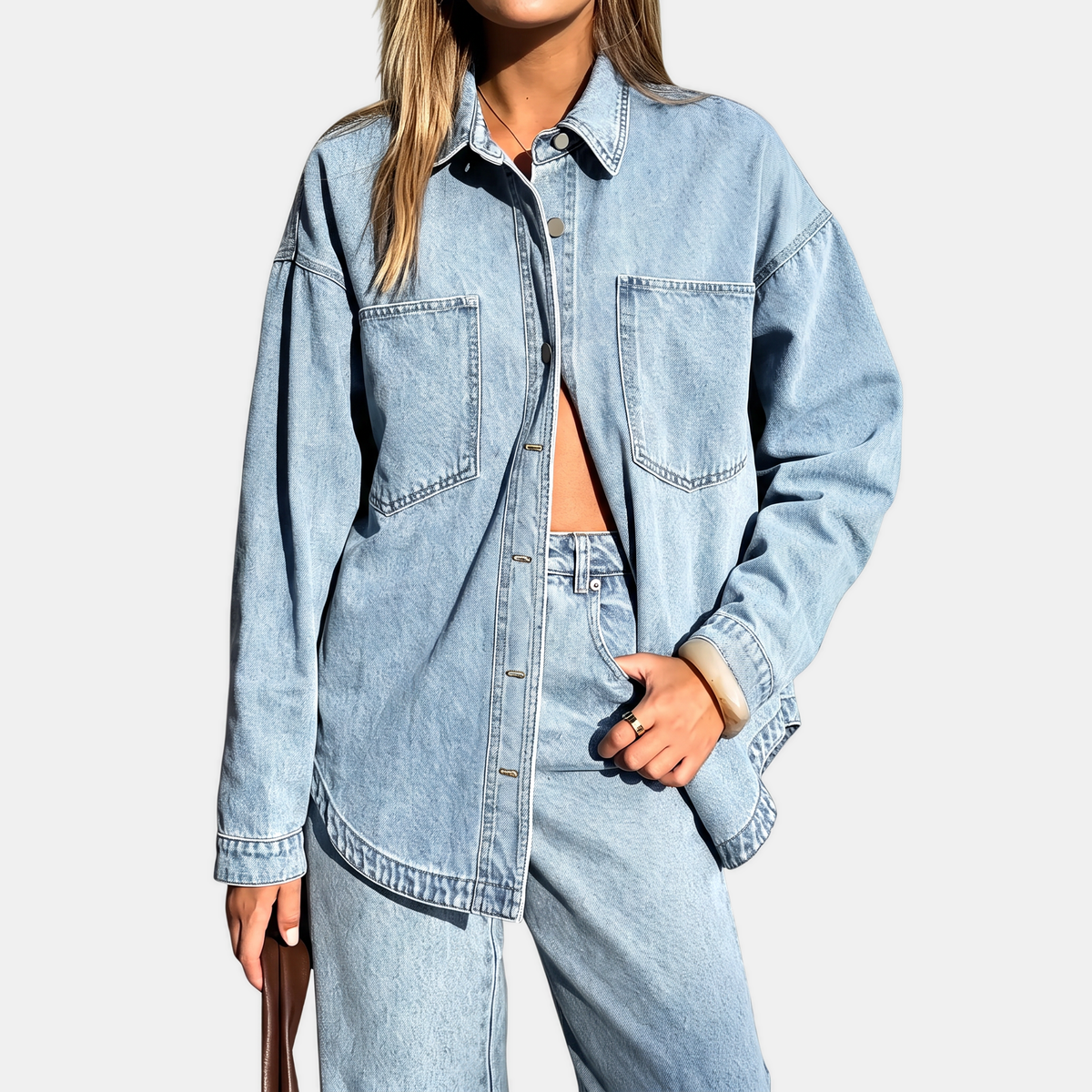 Women's Oversized Button-Down Washed Denim Jacket with Long Sleeves