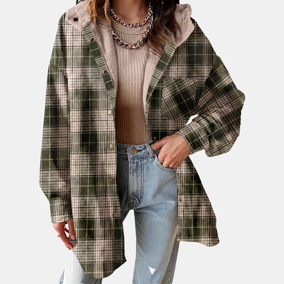 Women's Flannel Hooded Check Shacket Fleece Lined Coat