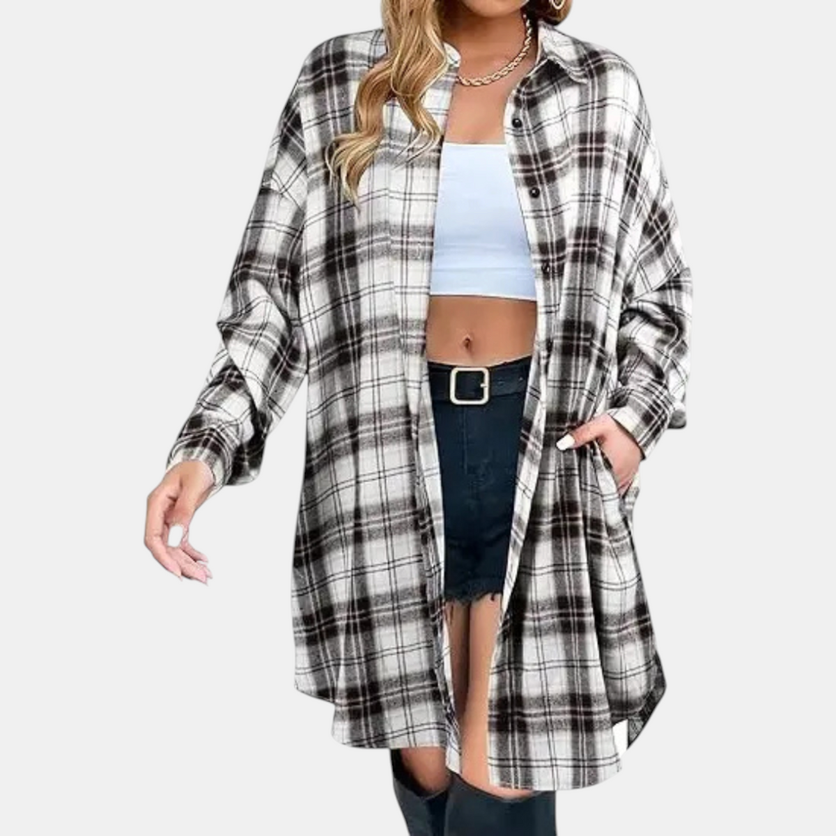 Women's Flannel Check Button-Front Oversized Midi Shirt