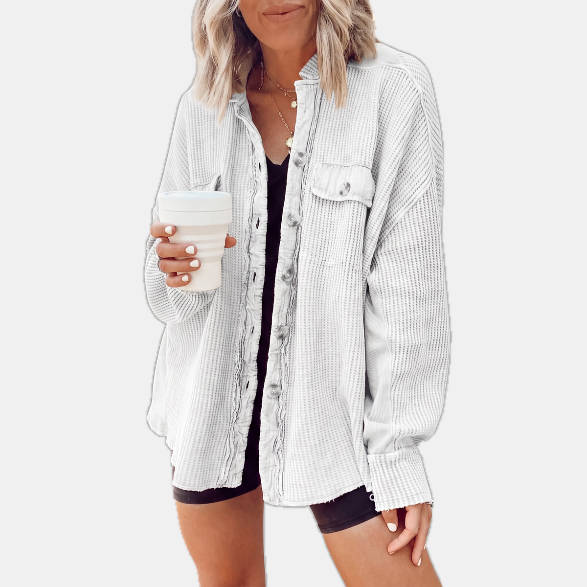 Women's Waffle Knit Raw Hem Button-Front Oversized Shacket