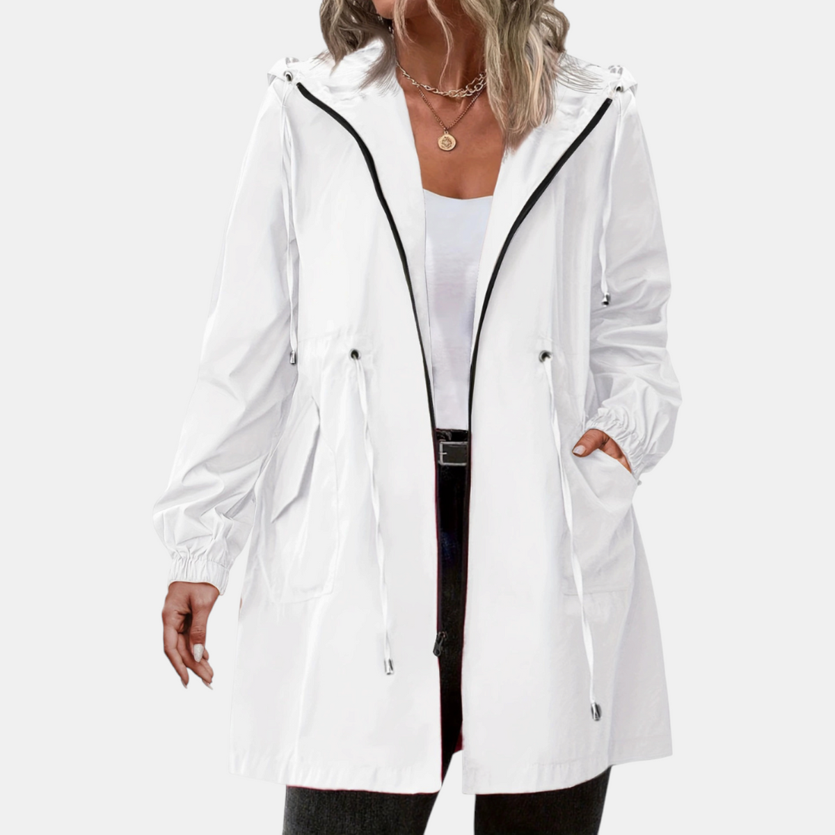 Women's Windbreaker with Drawstring at the Waist, Hood, Long Jacket
