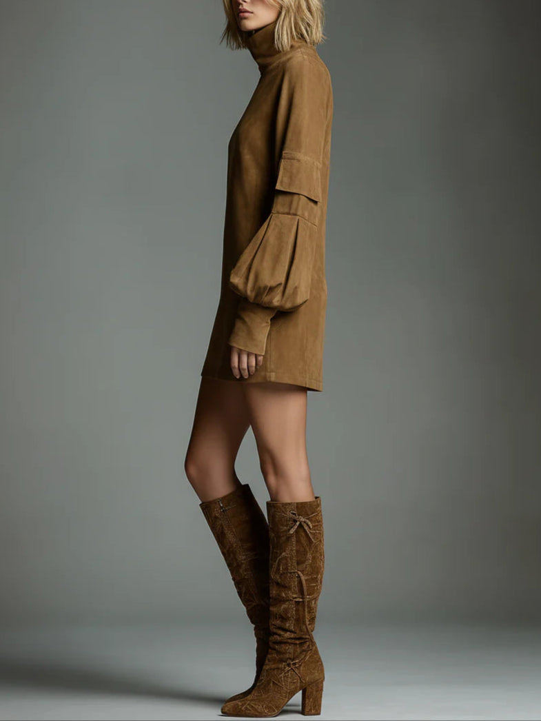 Romy | Vintage Suede Mini Dress with High Collar