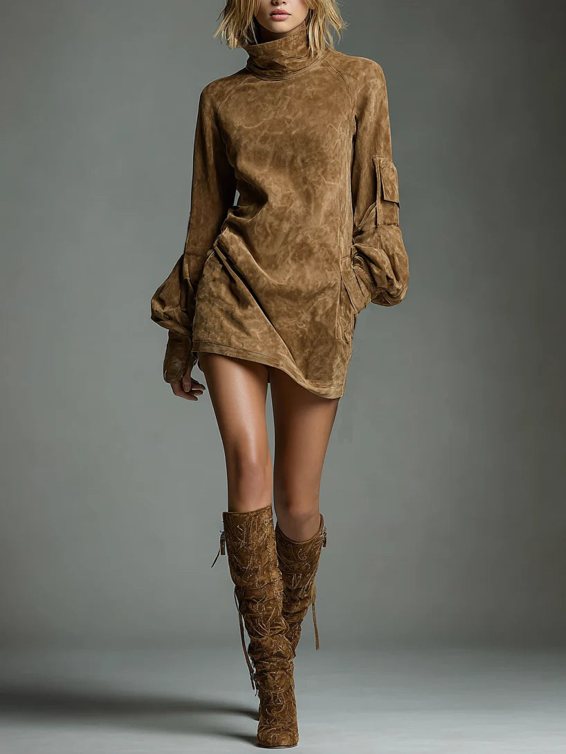 Romy | Vintage Suede Mini Dress with High Collar