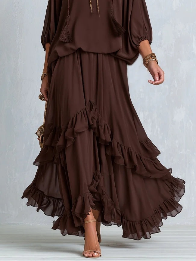 Ondine | Brown Chiffon Top with Fringe and Flared Skirt