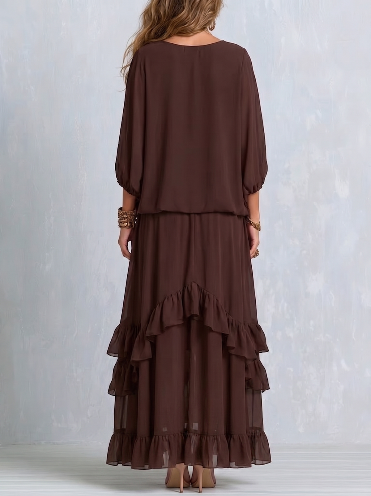 Ondine | Brown Chiffon Top with Fringe and Flared Skirt