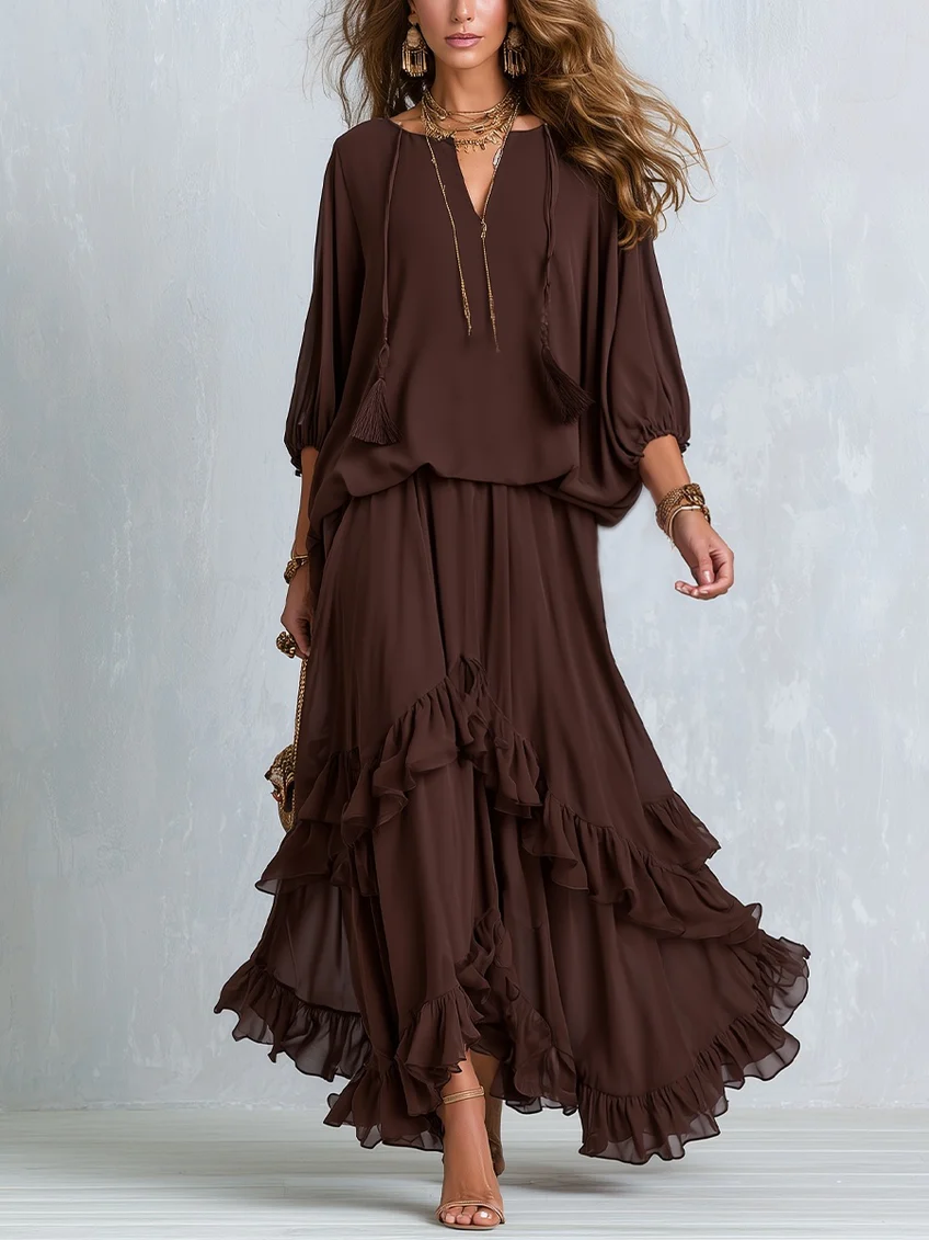Ondine | Brown Chiffon Top with Fringe and Flared Skirt