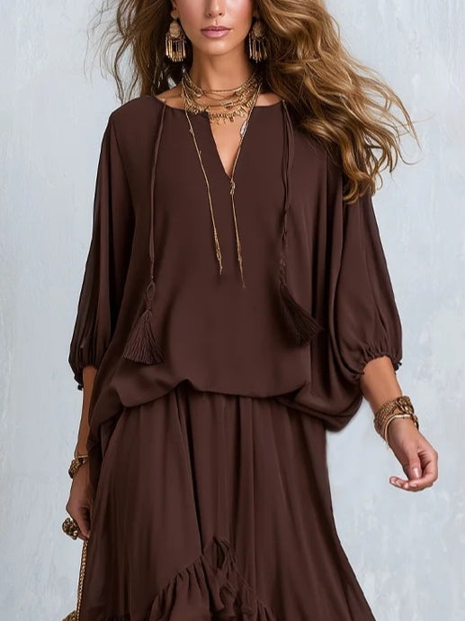 Ondine | Brown Chiffon Top with Fringe and Flared Skirt