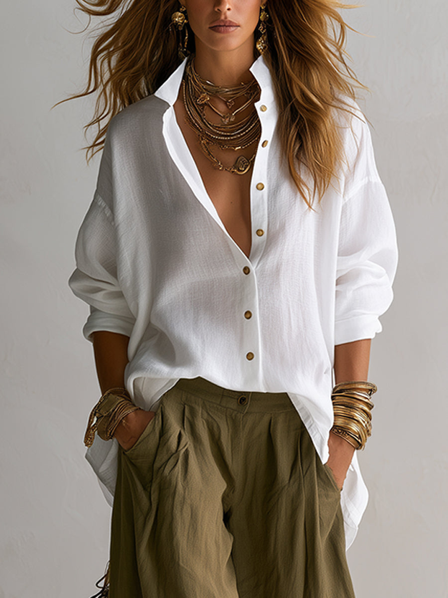 Capucine | White Shirt and Olive Lantern Pants