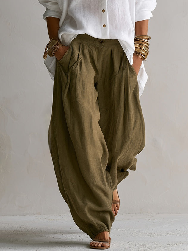 Capucine | White Shirt and Olive Lantern Pants