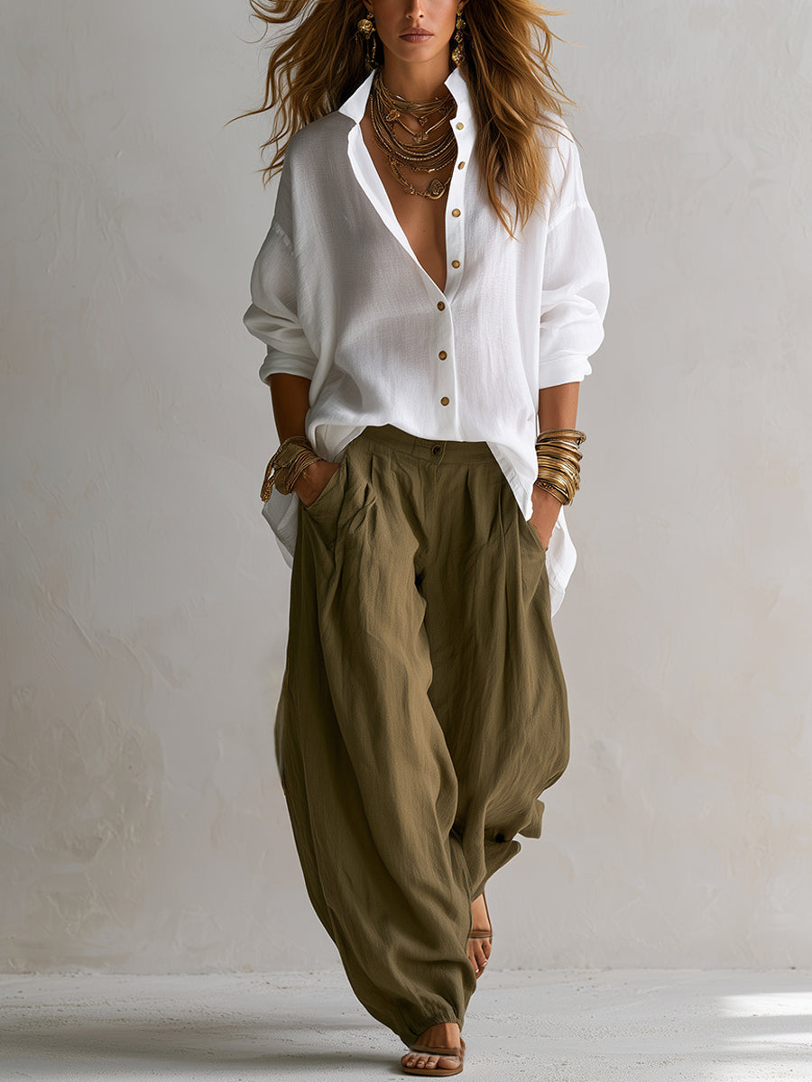 Capucine | White Shirt and Olive Lantern Pants