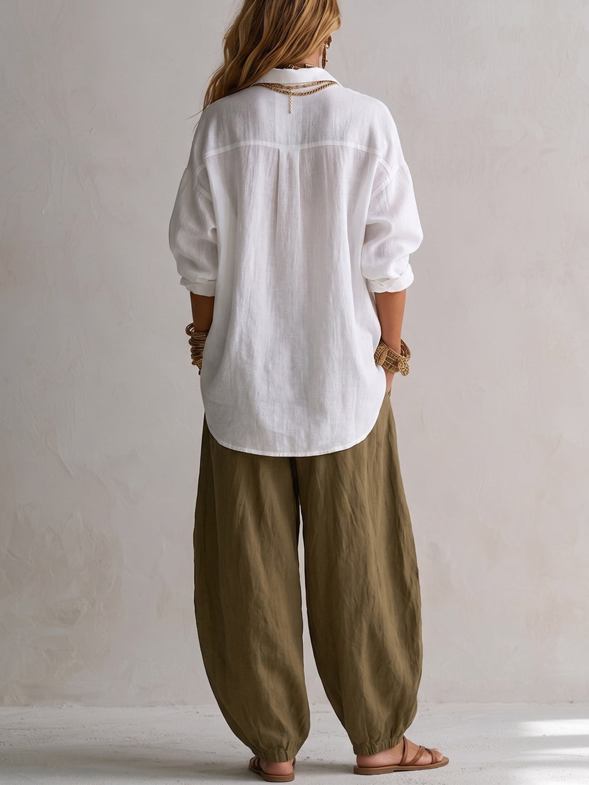Capucine | White Shirt and Olive Lantern Pants