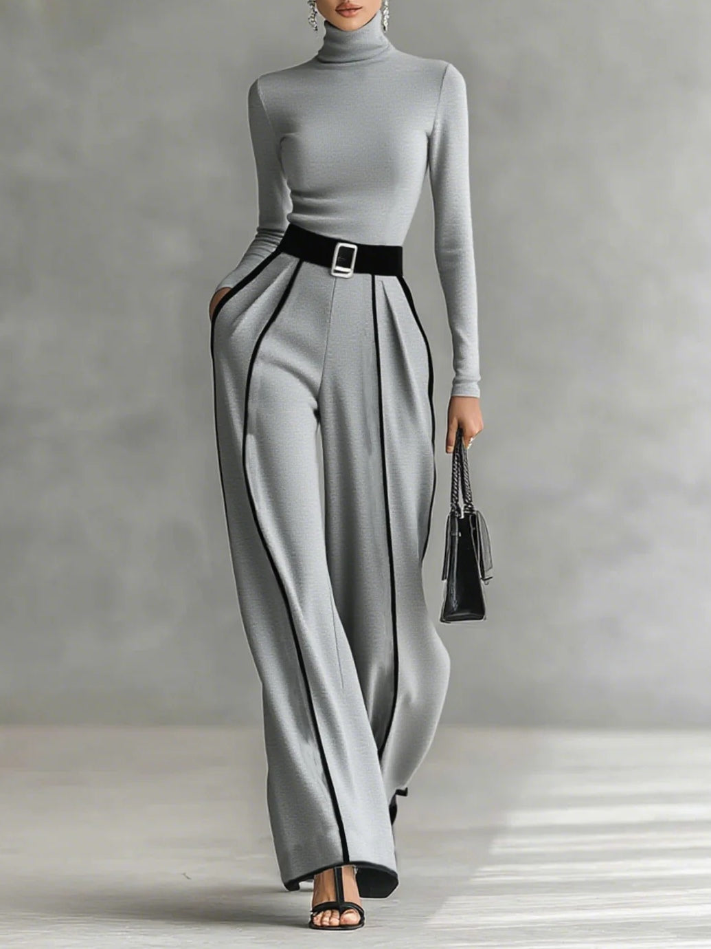 Adèle | High-Neck Set with White Trim and Wide Pants