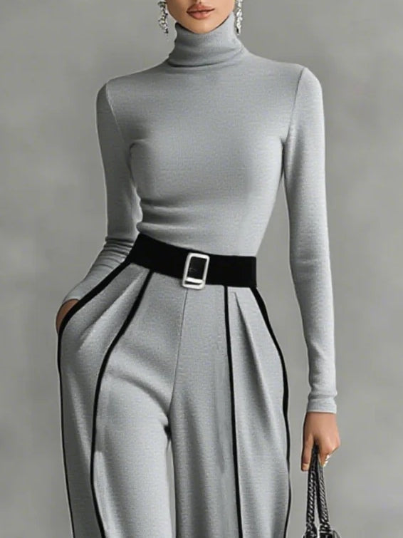 Adèle | High-Neck Set with White Trim and Wide Pants