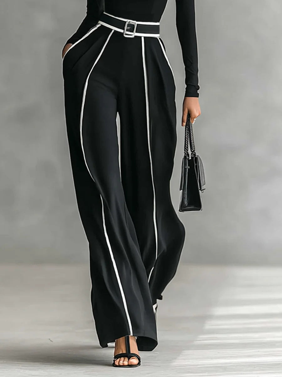 Adèle | High-Neck Set with White Trim and Wide Pants