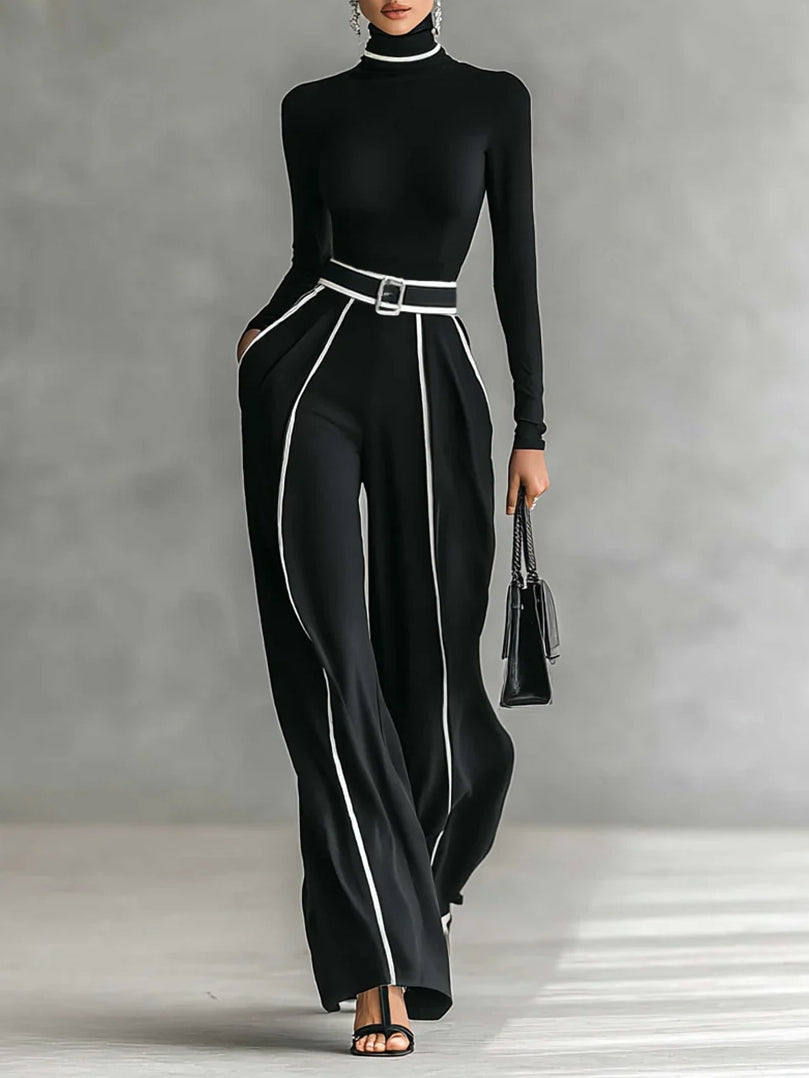 Adèle | High-Neck Set with White Trim and Wide Pants