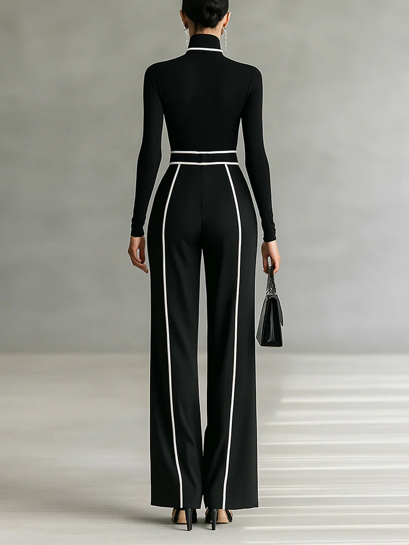 Adèle | High-Neck Set with White Trim and Wide Pants