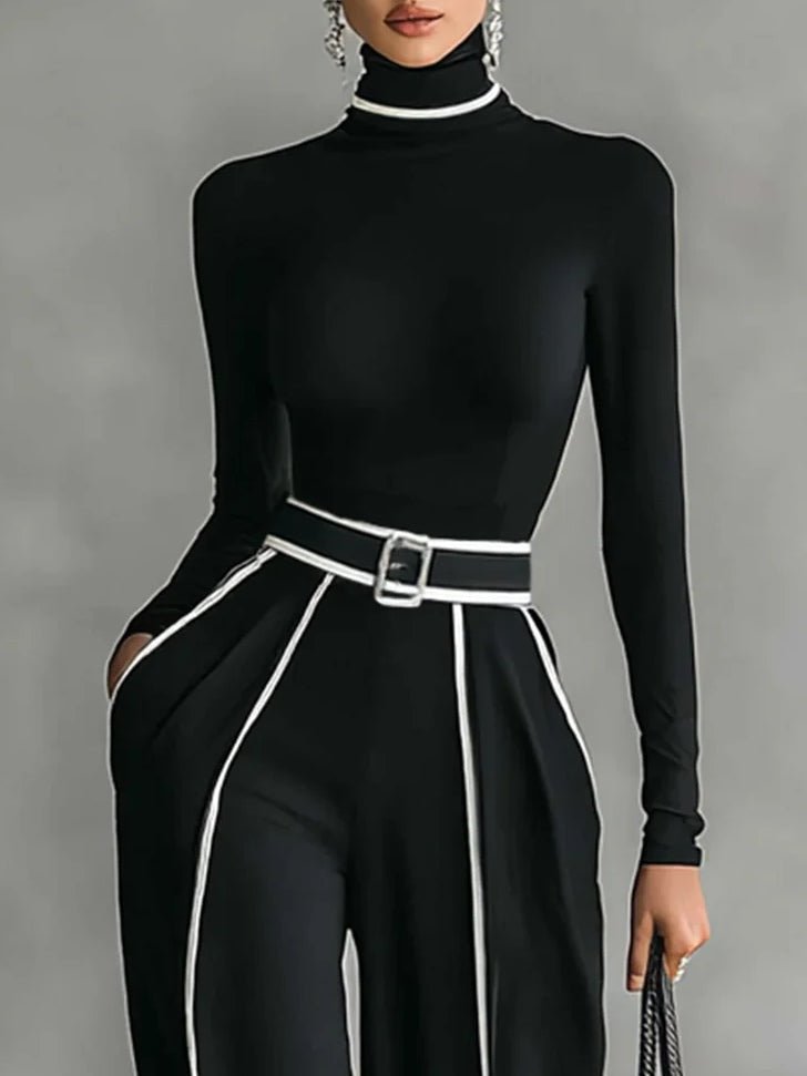 Adèle | High-Neck Set with White Trim and Wide Pants
