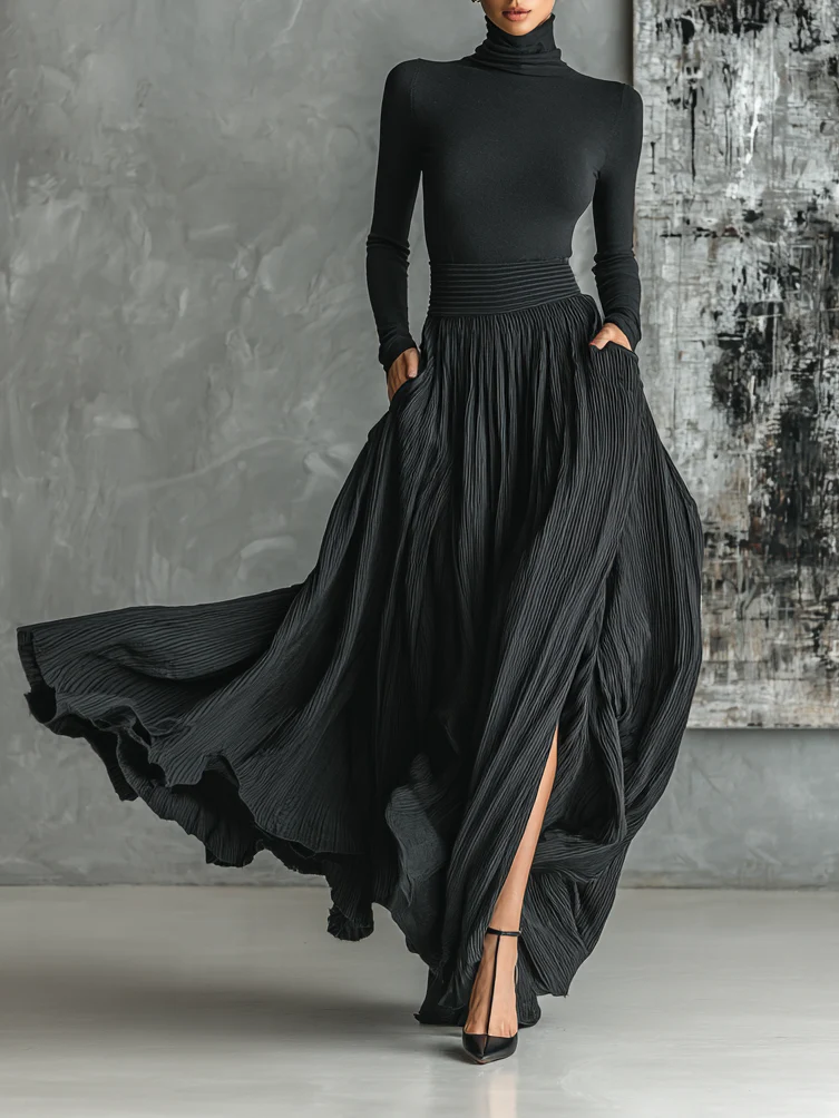 Prudence | Pleated Skirt and Black Turtleneck Set