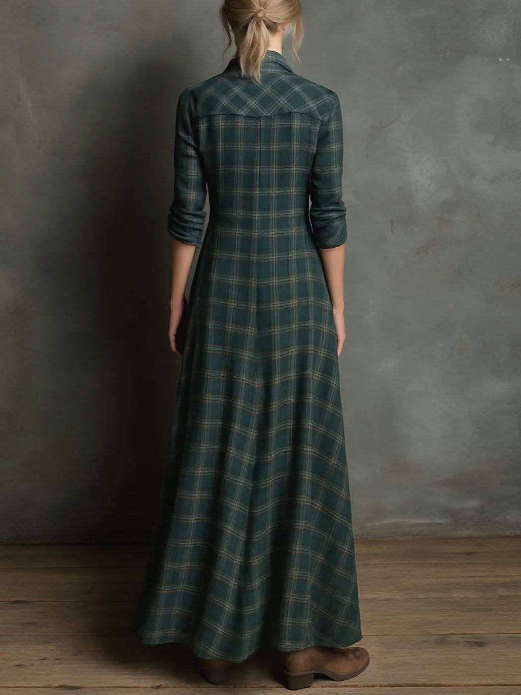 Margaux | Long Shirt Dress with Green Check Collar
