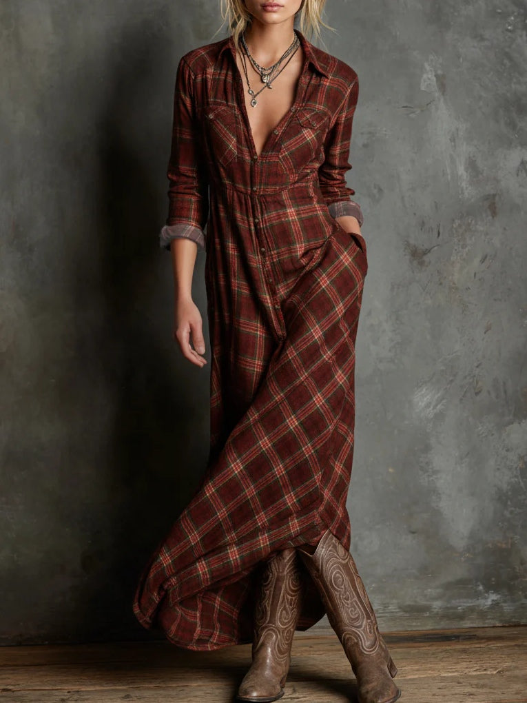 Margaux | Long Shirt Dress with Green Check Collar