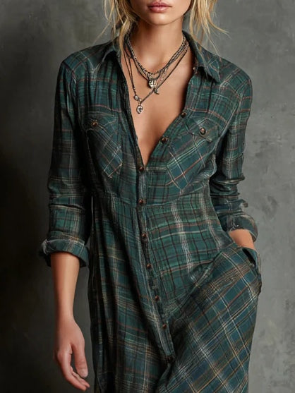 Margaux | Long Shirt Dress with Green Check Collar