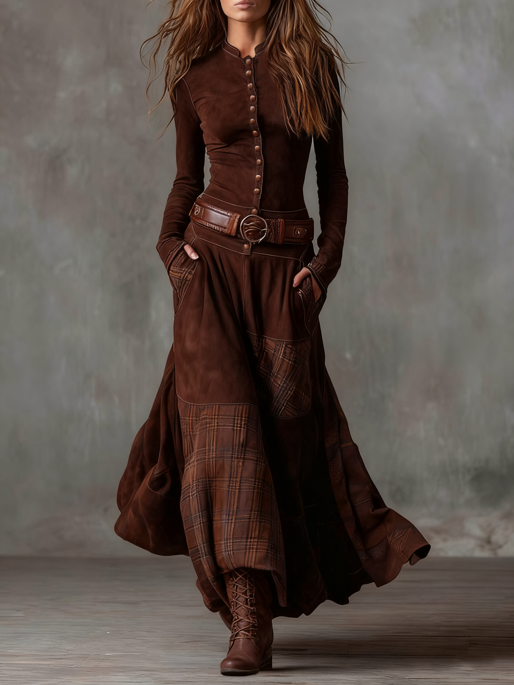 Leone | Vintage Long Suede Checkered Dress (Includes Belt)