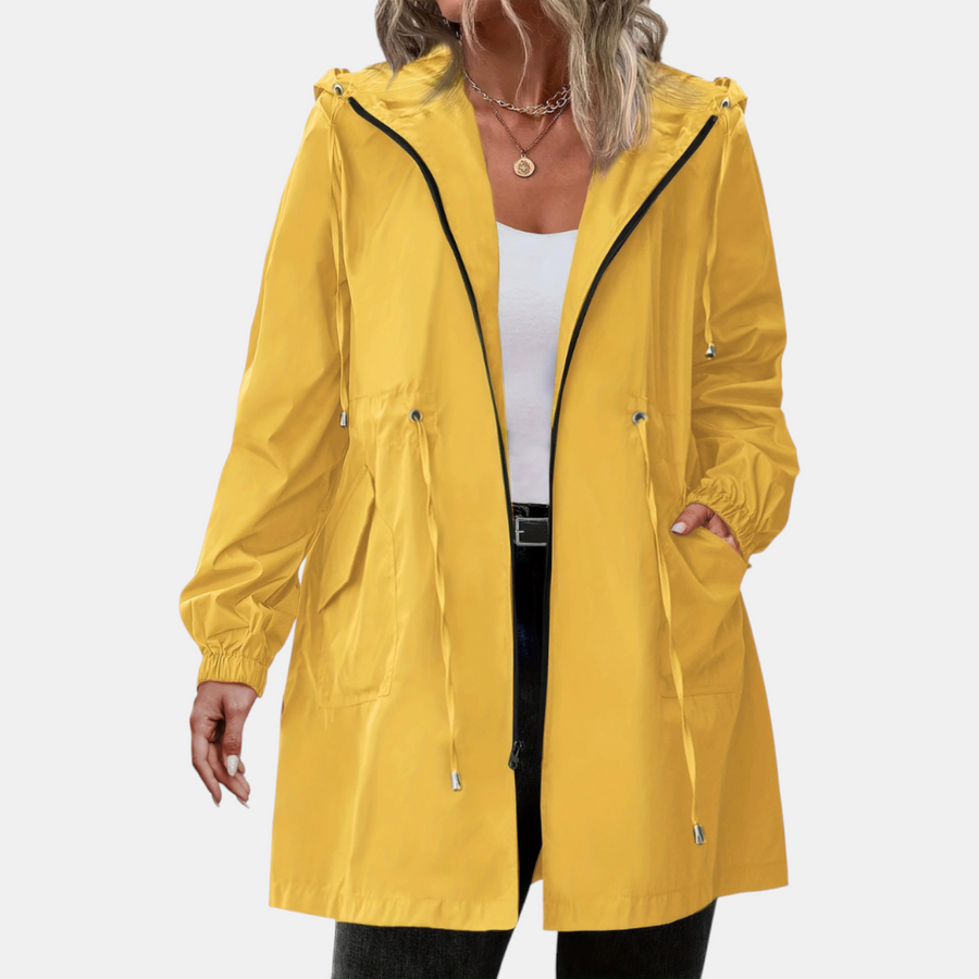 Women's Windbreaker with Drawstring at the Waist, Hood, Long Jacket