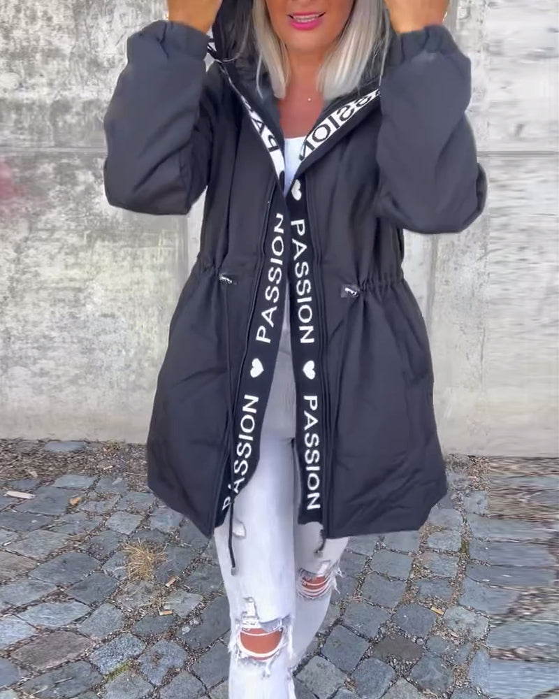 Casual Hooded Coat with Drawstring and Letter Print