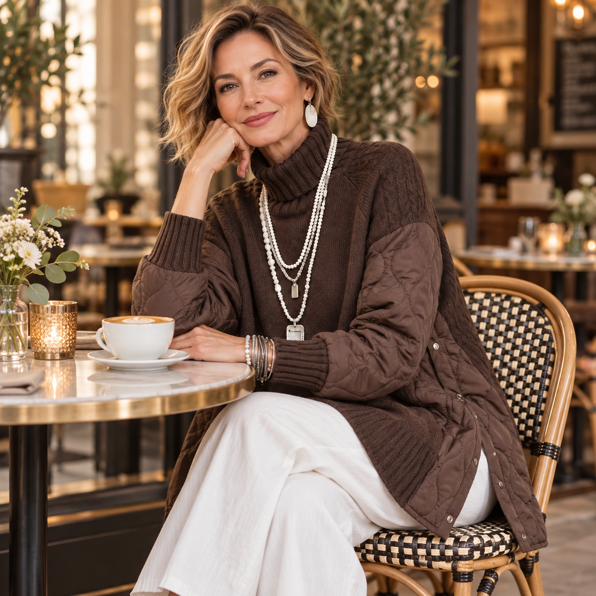 Quilted Haven – Quilted Panel Turtleneck Pullover