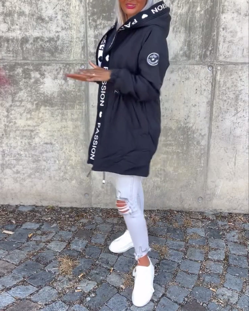 Casual Hooded Coat with Drawstring and Letter Print