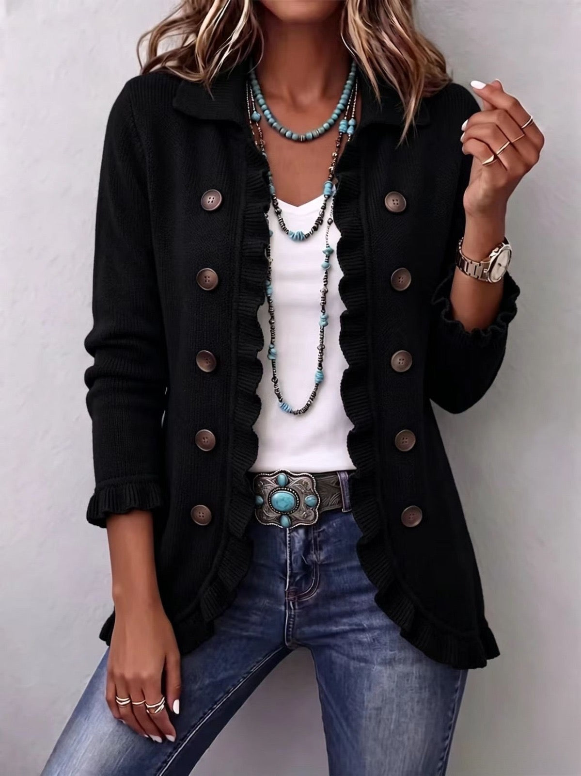 Camila | Ruffled Black Knit Jacket