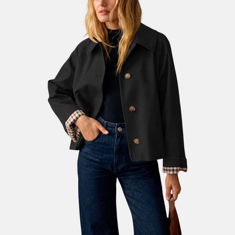 Women's Short Trench Coat with Checked Lining and Gold Buttons