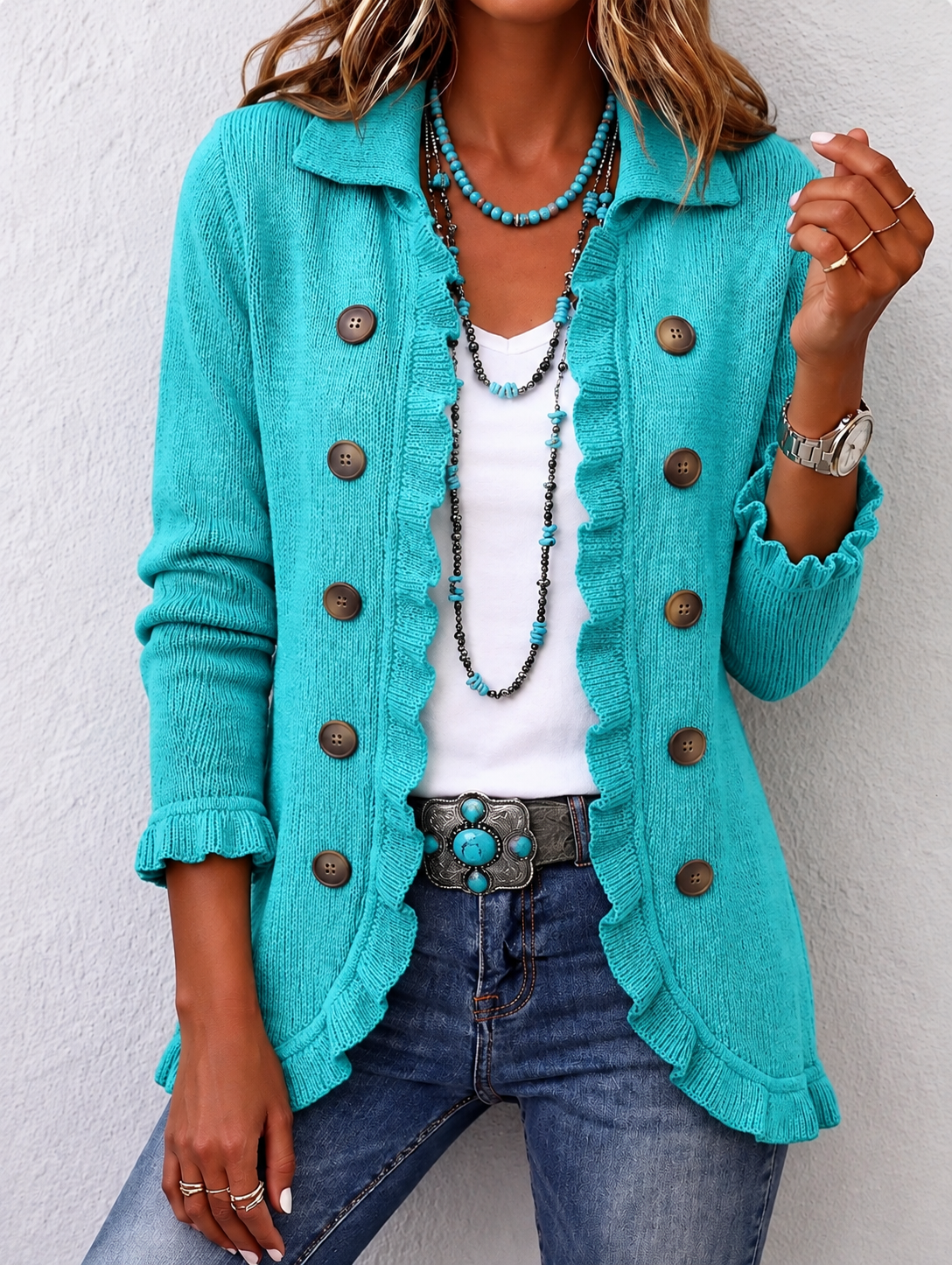 Maribel | Ruffled Turquoise Knit Jacket