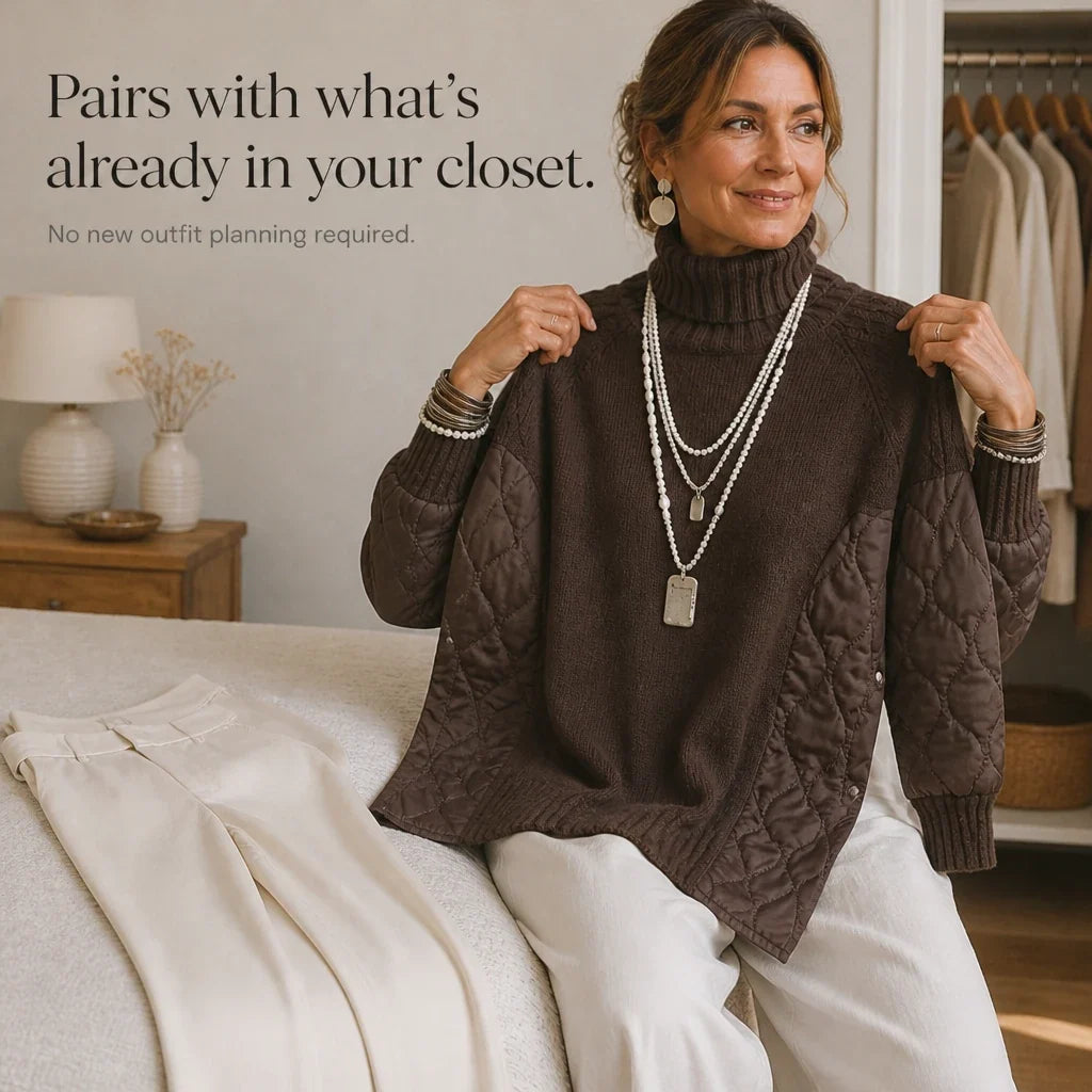 Quilted Haven – Quilted Panel Turtleneck Pullover