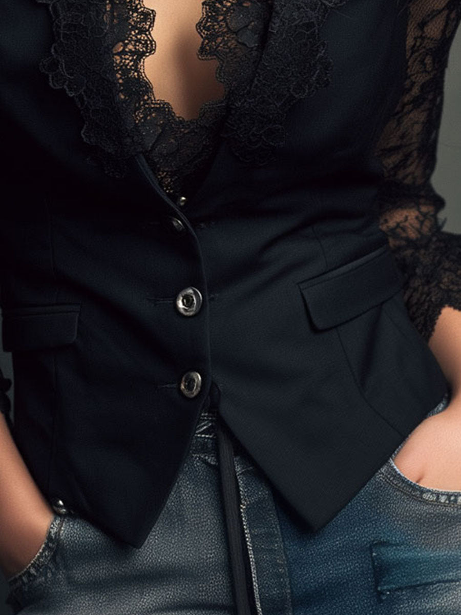 Vittoria | Black Blazer with Semi-Transparent Sleeves