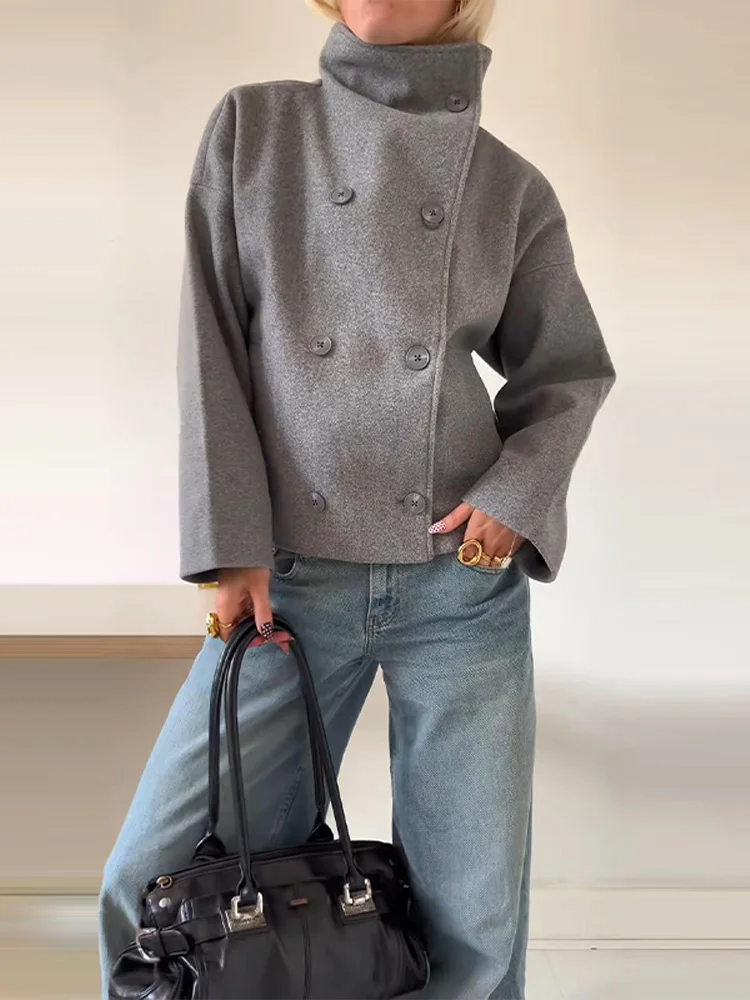 Women's Oversized Double-Breasted Jacket Stand Collar