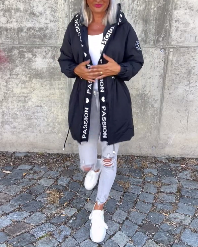 Casual Hooded Coat with Drawstring and Letter Print